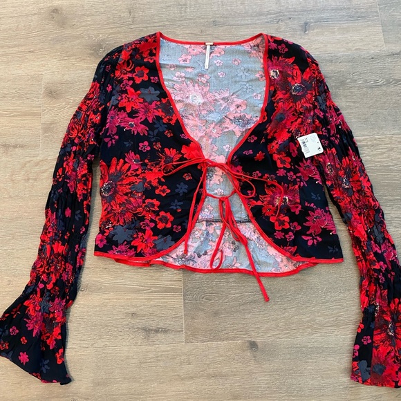 Free People Venice Tie Front Floral Boho Cardigan Top - Picture 2 of 12